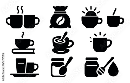 Coffee, beverage solid icon set. espresso, tea, cafe essentials solid collection