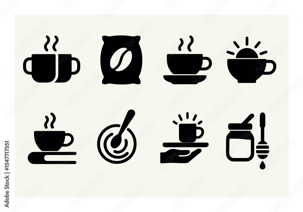 Fototapeta premium Coffee shop solid icon set. cafe, beverage, breakfast, barista, mug, caffeine icons