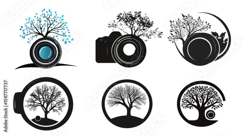 Creative logo design combining a camera lens with a tree silhouette, symbolizing nature photography, environmental awareness, and sustainable vision, perfect for eco-friendly brands, photographers