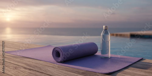 Rolled Lavender Yoga Mat and Water Bottle on Wooden Deck at Sunset Ocean View purple yoga mat