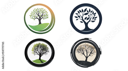 Creative logo design combining a camera lens with a tree silhouette, symbolizing nature photography, environmental awareness, and sustainable vision, perfect for eco-friendly brands, photographers