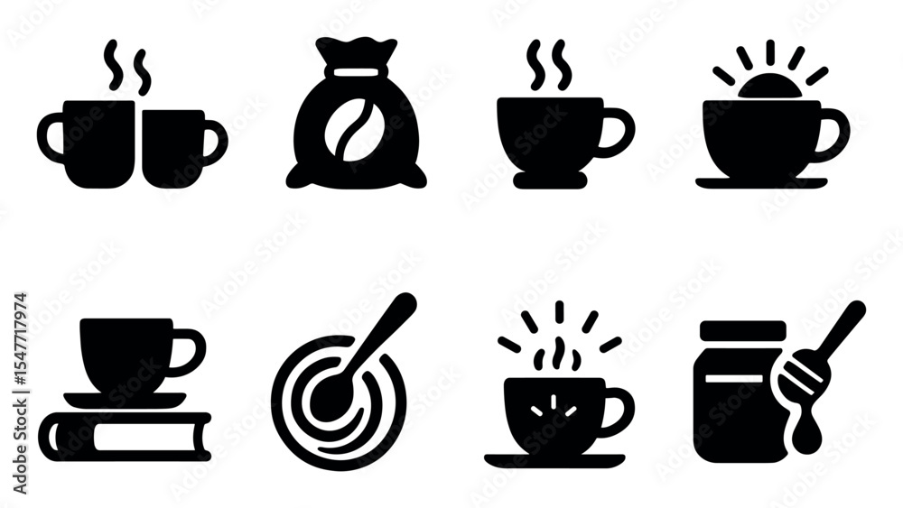 Fototapeta premium Coffee silhouette icon set. beverage-themed symbols for cafes and coffee shops