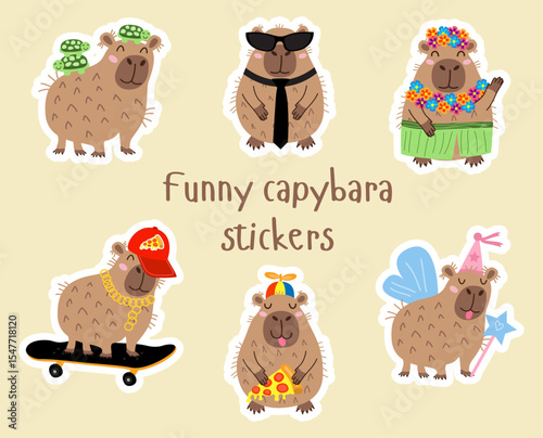 Illustration of capybara stickers on a light yellow background.