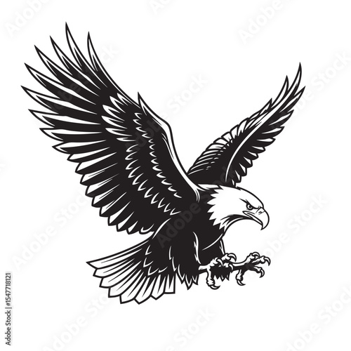 Powerful eagle with wide spread wings gliding down aggressively. Bold black and white vector symbolizing freedom and strength. Birds.