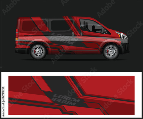 Red and Black Racing Van Wrap Design with Abstract Graphic Elements
