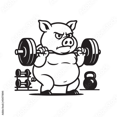 Chubby pig lifts heavy barbells in a gym, showing determination and grit. Comical and motivational vector cartoon.