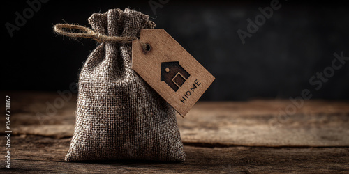 Rustic Brown Burlap Sack Tied with Twine and Wooden Home Tag on Dark Wood Surface burlap bag