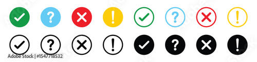 Set of round check mark, exclamation point, x mark icon. Check mark, exclamation point, cross mark icons set Flat and outline style. Vector illustration.