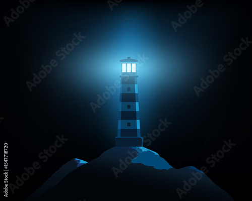 Lighthouse on the rocks illuminates the darkness. Vector illustration