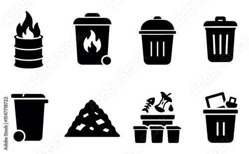 Waste management solid icon set. trash, recycling, garbage, bin, refuse icons collection