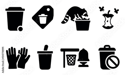 Waste management solid icon set. trash, recycling, disposal in silhouette style