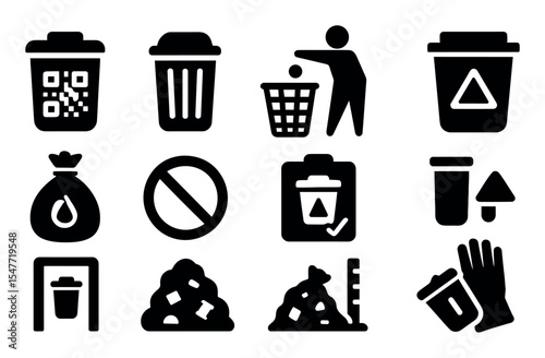 Waste management solid icon set. recycle, trash, disposal, eco-friendly icons collection