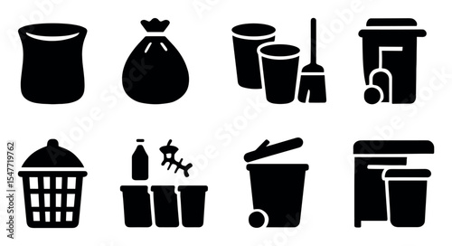 Trash and recycling solid icon set. waste management, cleanup symbols collection