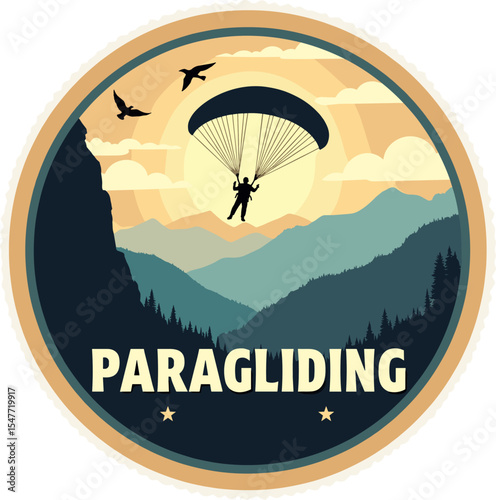 Vector logo of paraglider jumping off a mountain ridge at sunrise. Birds in flight and round border complete the dynamic composition