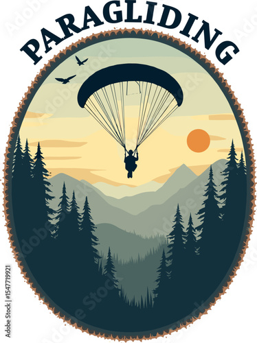 Oval badge of a paraglider flying at dawn above a misty pine forest and distant mountains. Peaceful and scenic paragliding design