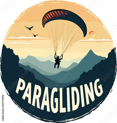 Vector illustration of paraglider flying across a vast mountain valley at sunrise. Bold, slanted text and birds enhance the scene.