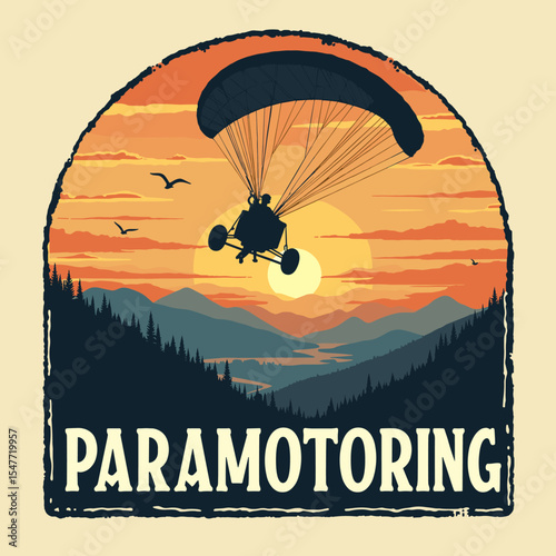 Vector logo of paramotoring above mountain valley during sunset. Warm colors and classic adventure typography