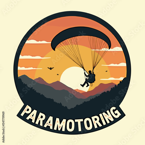 Vector logo of paramotoring above mountain valley during sunset. Warm colors and classic adventure typography