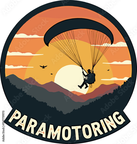 Vector logo of paramotoring above mountain valley during sunset. Warm colors and classic adventure typography