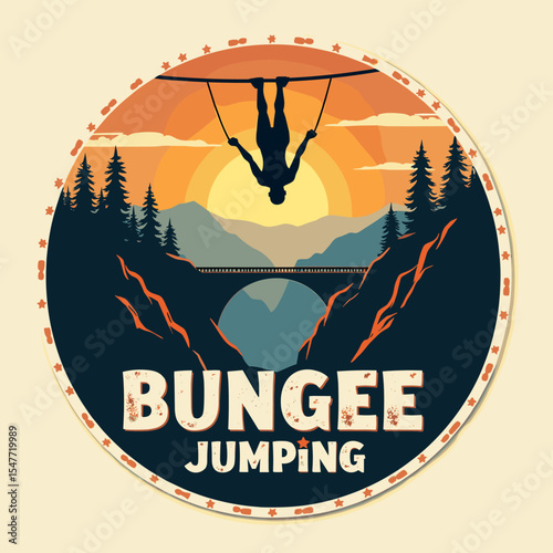 Vector badge of bungee jumper diving from a cable into a deep canyon at sunrise. Extreme sport concept with dramatic landscape