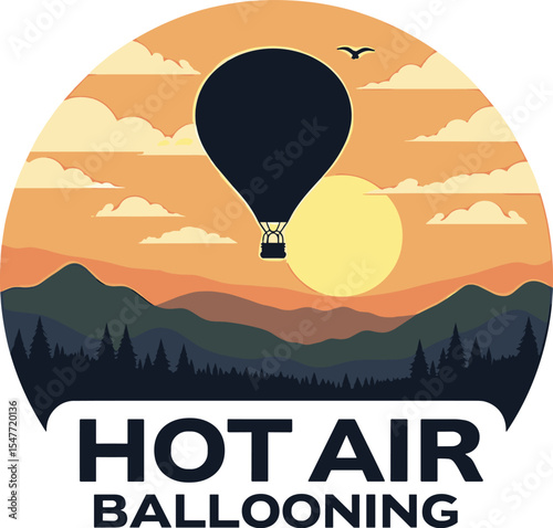Vector badge of a hot air balloon flying over mountains at sunrise with forest and soft clouds. Minimalist adventure scene