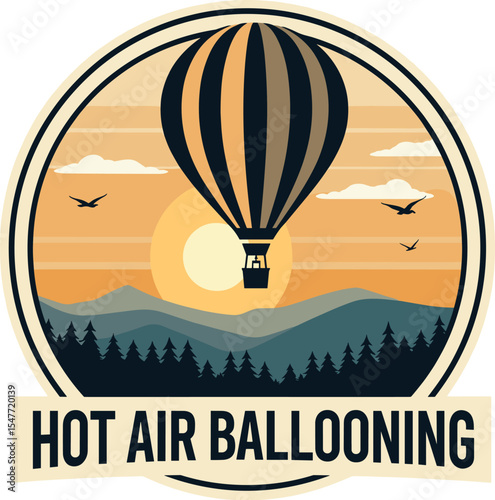 Vintage badge design with hot air balloon flying above forest and mountains at sunrise. Text “Hot Air Ballooning” in bold style