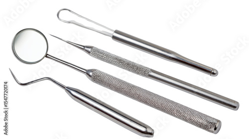 Dental tools including mirror, scaler, explorer, and periodontal probe on white isolate background.