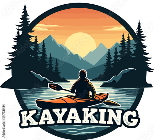 Kayaking scene with wide panoramic view of mountain valley at sunset. Silhouette of kayaker in orange kayak with text below