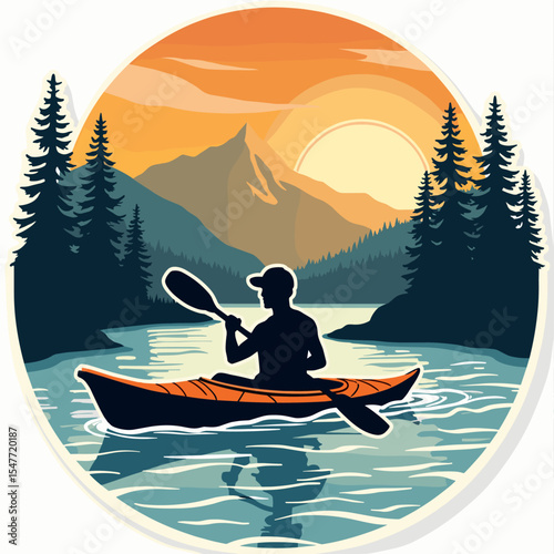 Vector of kayaker paddling on a mountain lake during sunset, surrounded by pine trees. Peaceful and scenic outdoor experience