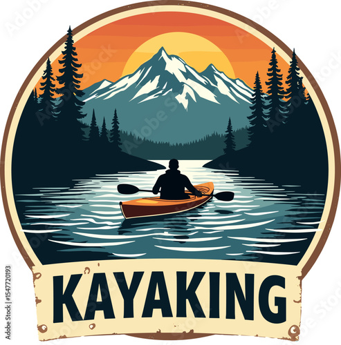 Framed badge of kayaking scene with mountain peaks, lake, pine forest, and silhouette of kayaker at sunset. Outdoor sports and adventure emblem