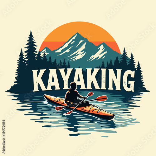 Retro kayaking badge with person in orange kayak, twin paddles, and mountain scenery at sunset. Bold and active outdoor adventure concept