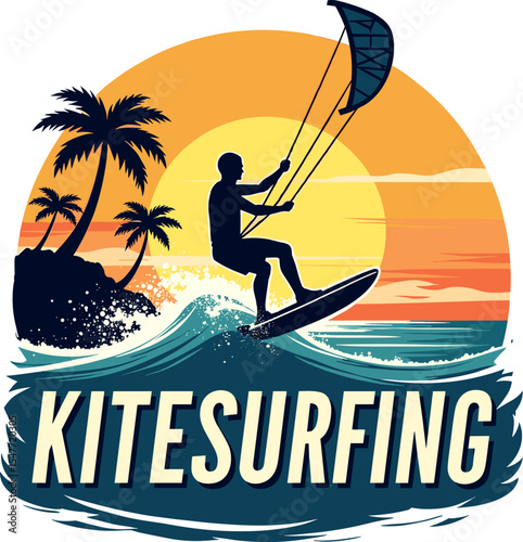 Dynamic vector logo of a kitesurfer jumping over ocean wave at sunset. Palm trees and vibrant water splash create a tropical summer vibe