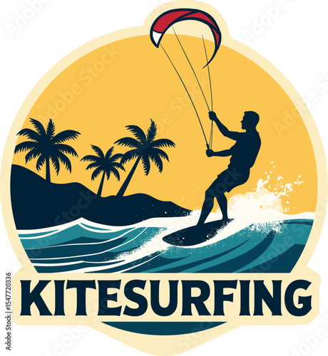 Vector badge of kitesurfer jumping over ocean waves with palm trees at sunset. Retro tropical water sport scene with bold colors