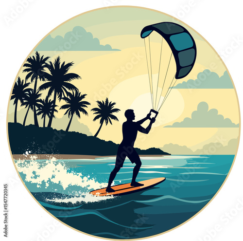 Vector of kitesurfer gliding over calm ocean water near tropical beach with palm trees. Sunset adventure water sport theme