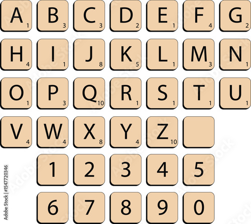 Tile Letters in Alphabetical Order: A close-up shot features all of the letter tiles in their numerical values and alphabetical order, used in board game concept.