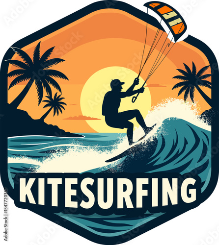 Vector badge of kitesurfer riding a wave at sunset with tropical palm trees in the background. Extreme water sport logo in retro style