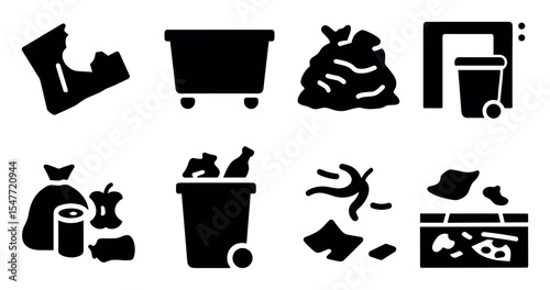 Waste management solid icon set. trash, recycling, garbage disposal symbols