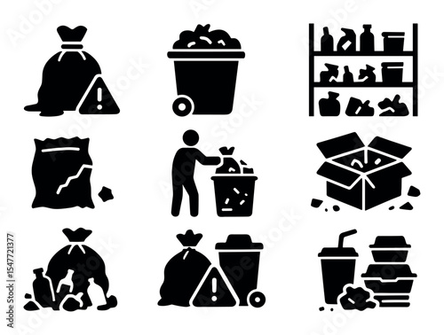 Waste management solid icon set. recycling, trash collection, disposal symbols