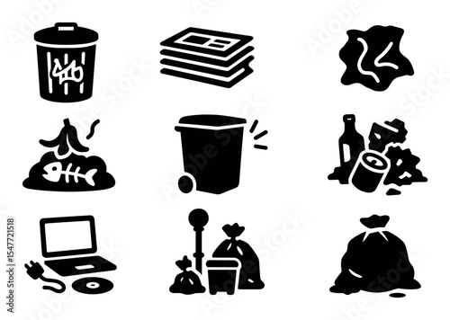 Recycling and waste management solid icon set. trash, sorting, composting, eco icons