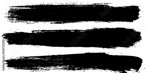 Set of grunge ink brush strokes.  Collection of artistic grungy black paint hand made creative brush stroke set isolated on white background. 