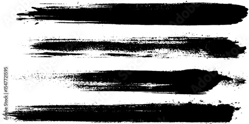 Set of grunge ink brush strokes.  Collection of artistic grungy black paint hand made creative brush stroke set isolated on white background. 
