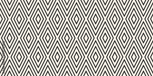 Abstract vector geometric seamless pattern. Black and white background. Simple  texture with rhombuses, diamonds, lines, stripes. Minimal monochrome tartan ornament. Repeated design for decor, print
