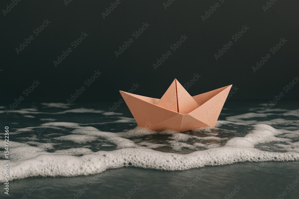 Obraz premium Peach Origami Boat Glides Gently Through Foamy Waves, embodying serenity and childhood dreams on a calming journey.