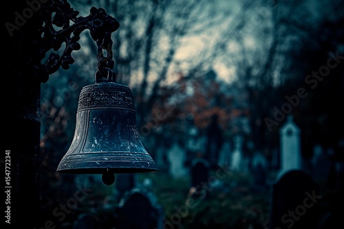 Mysterious antique church bell stands in foggy cemetery at night among ancient stone tombs