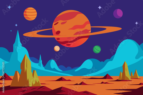 Alien planet landscape with rings and moons