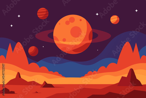 Alien planet landscape with rings and moons