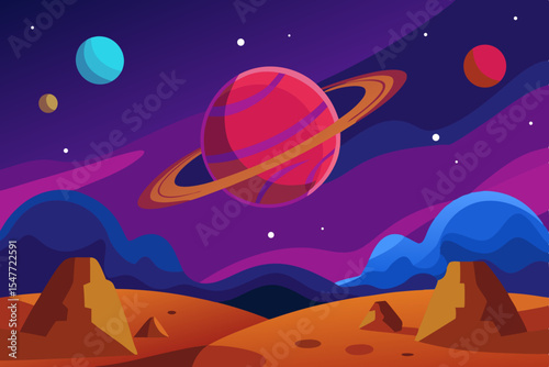 Alien planet landscape with ringed planet and stars