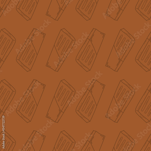 seamless pattern hand-drawn cartoon chocolate bars arranged diagonally. The simple brown line art on a brown background gives it a clean, playful look suitable for confectionery packaging, branding.