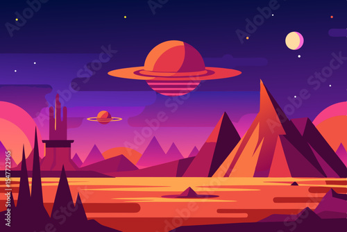 Alien planet landscape with flying saucer and mountains