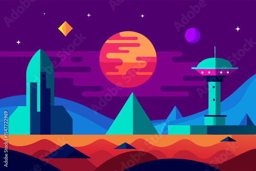 Vibrant alien planet landscape with spaceship and tower